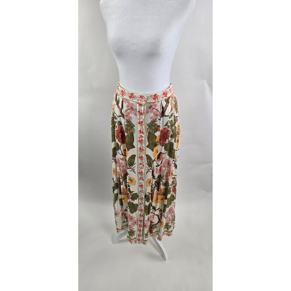 Rose + Olive Resort Floral Bird Print Button Front Maxi Skirt Cream Pink Small